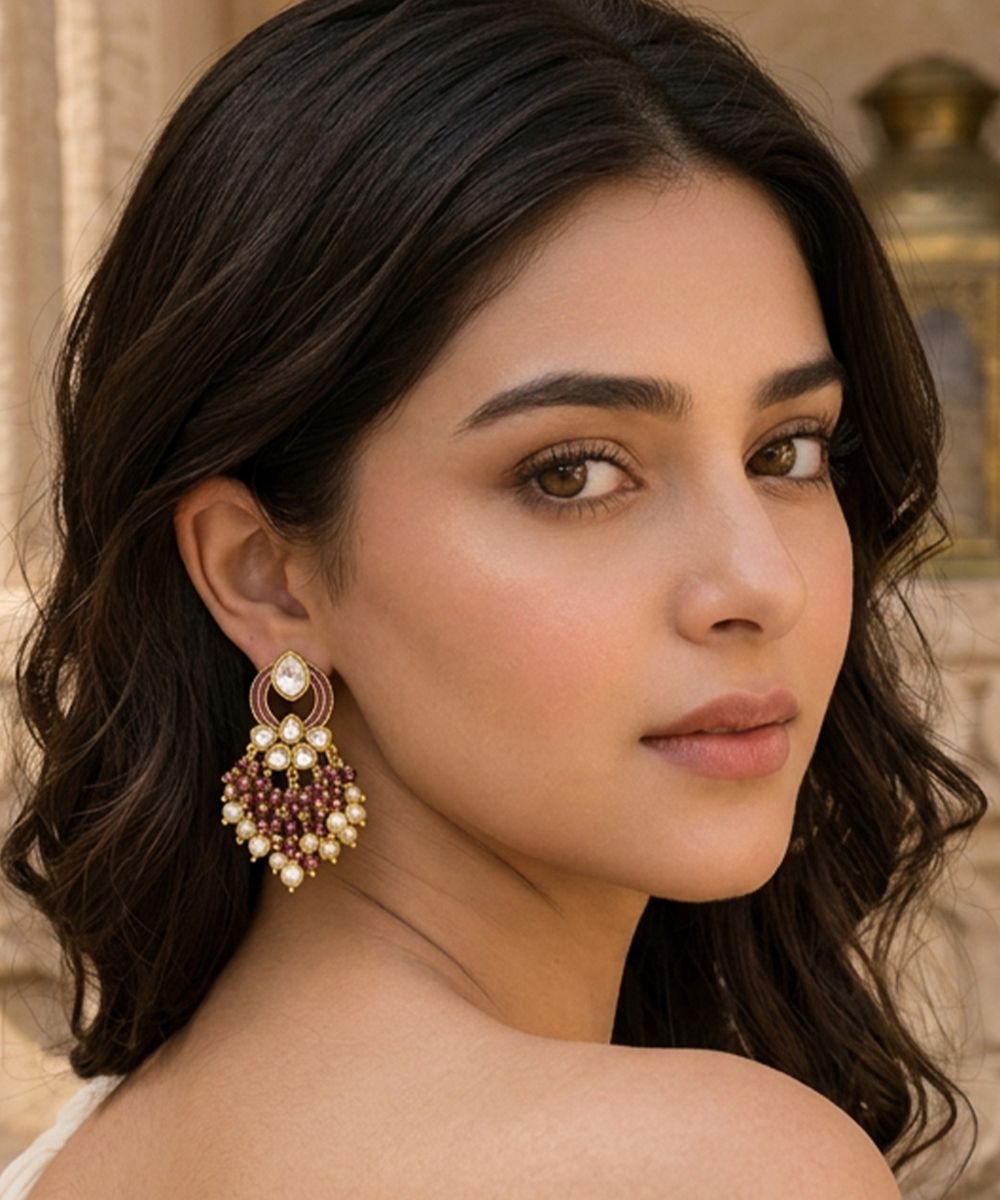 Gold Plated Kundan Pearl Drop Earrings