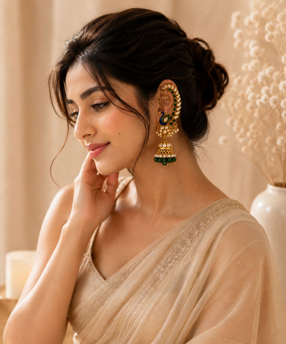 Gold Plated Multi Color Kundan Peacock Style Earrings
