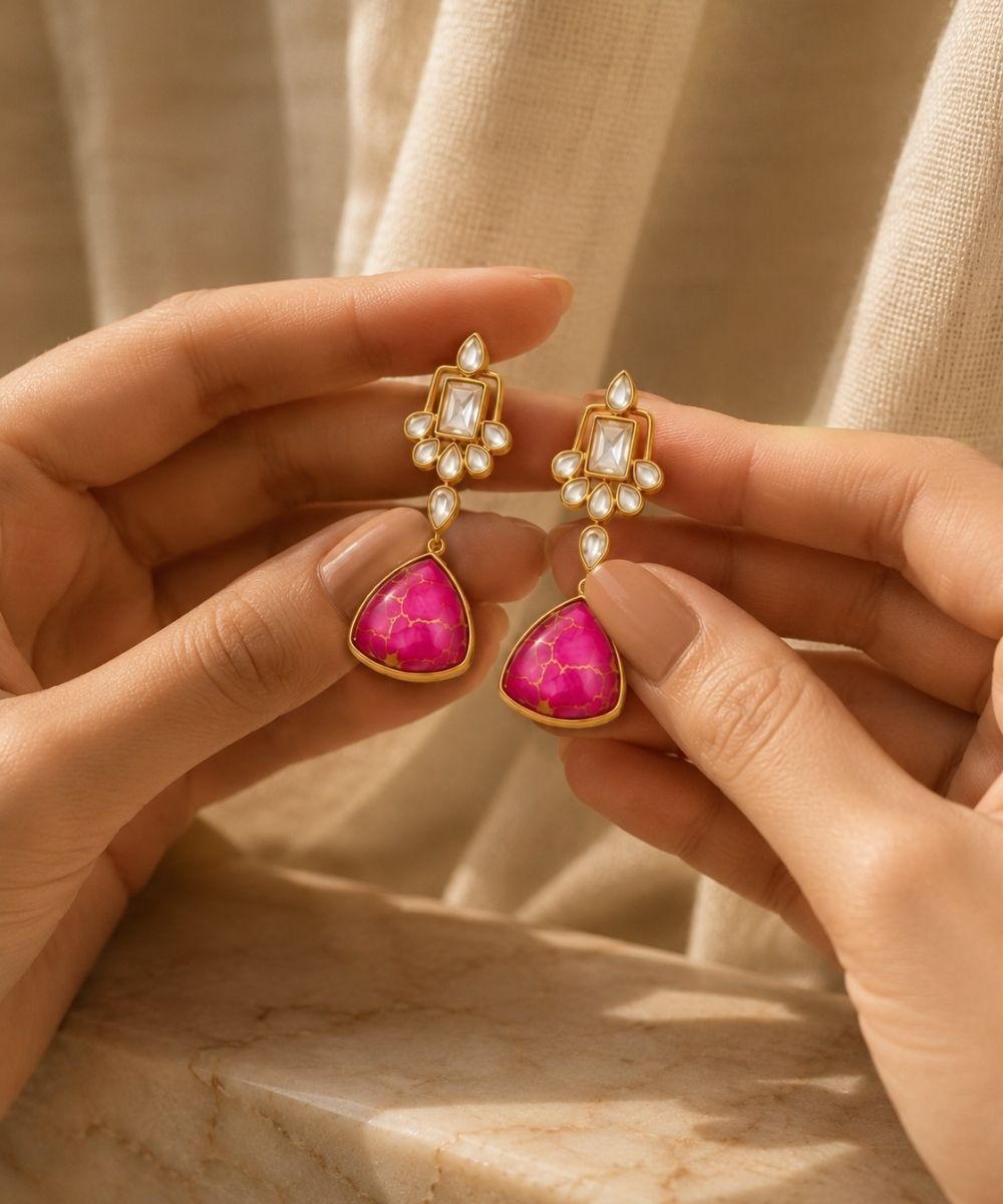 Gold Plated Pink Kundan Drop Earrings