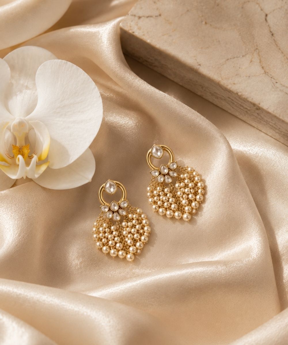 Gold Plated Kundan Pearl Drop Earrings