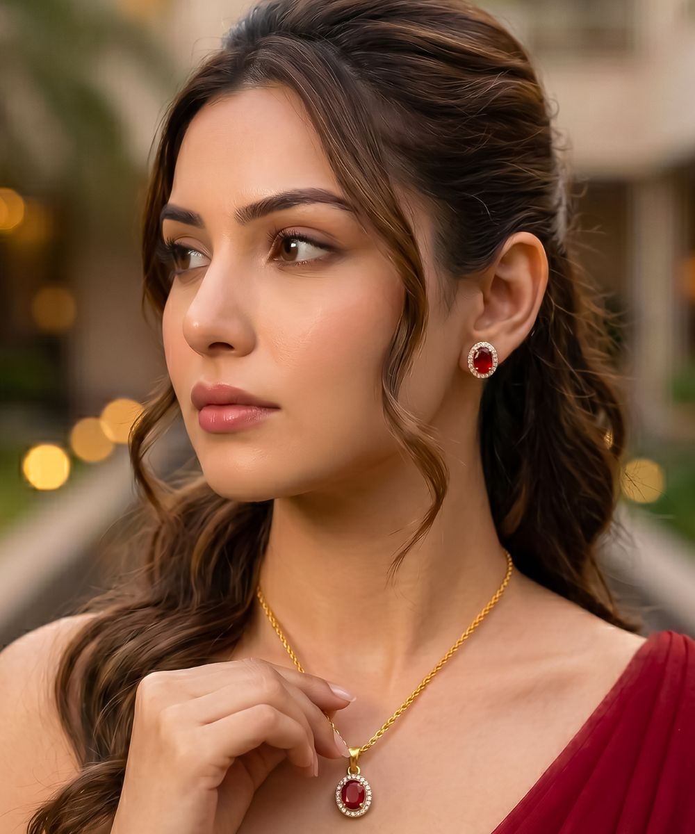 Gold Plated Red Cubic Zirconia Solitaire Halo Pendant & Earrings Set