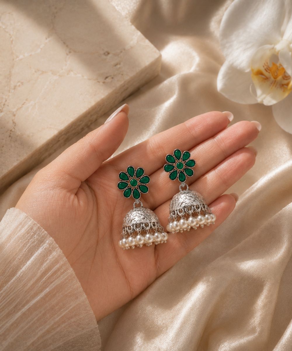 Oxidized Green Stone Jhumki Earrings