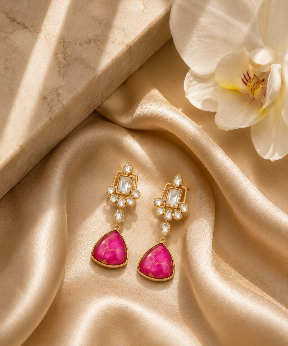 Gold Plated Pink Kundan Drop Earrings