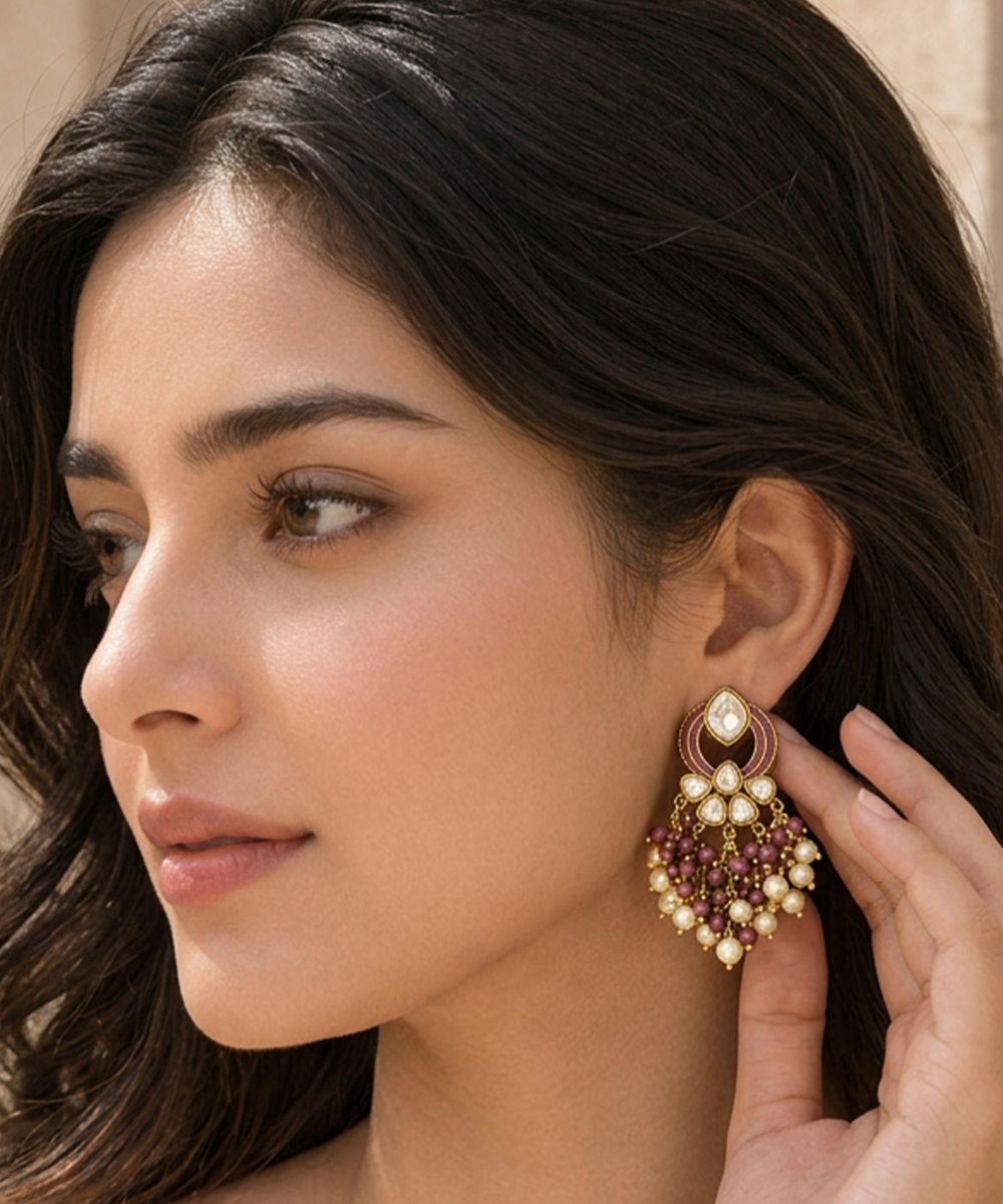 Gold Plated Kundan Pearl Drop Earrings