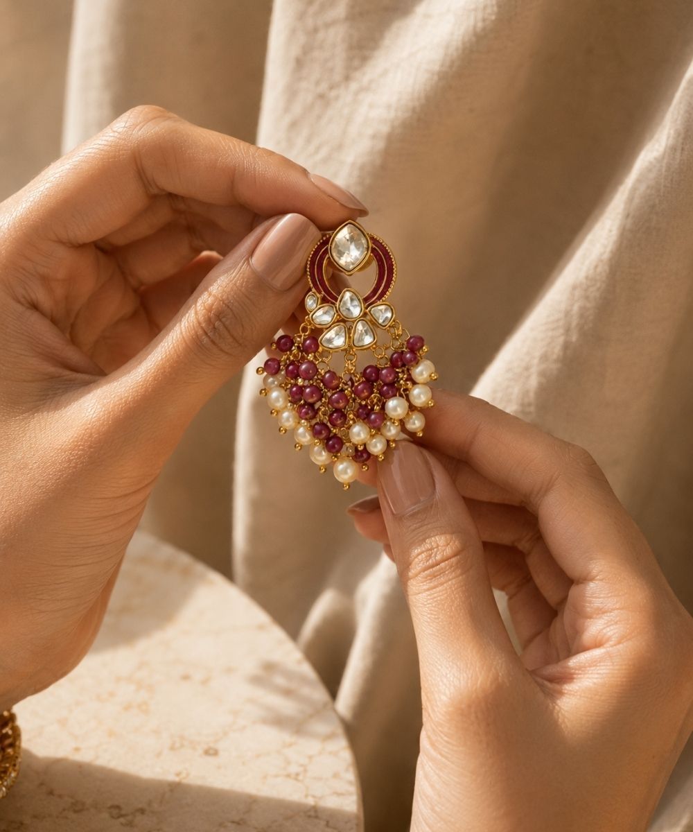 Gold Plated Kundan Pearl Drop Earrings