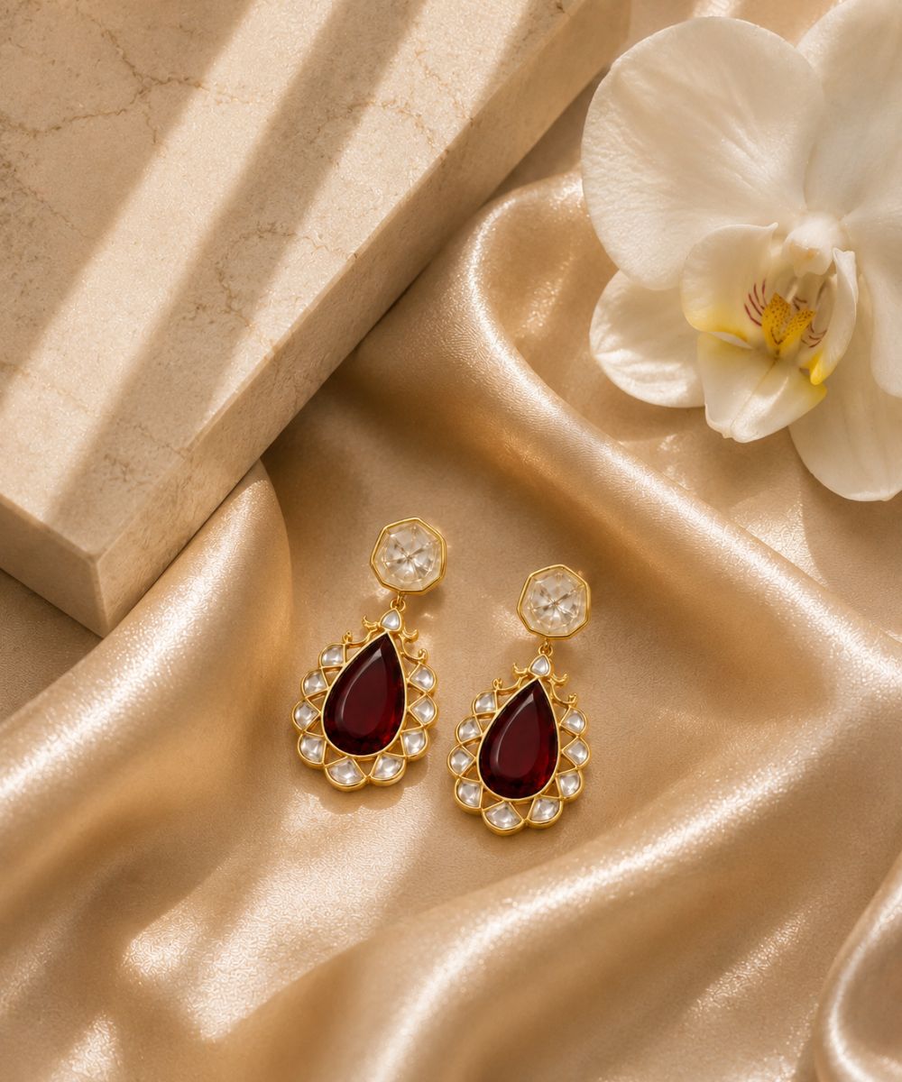 Gold Plated Red Stone Kundan Drop Earrings