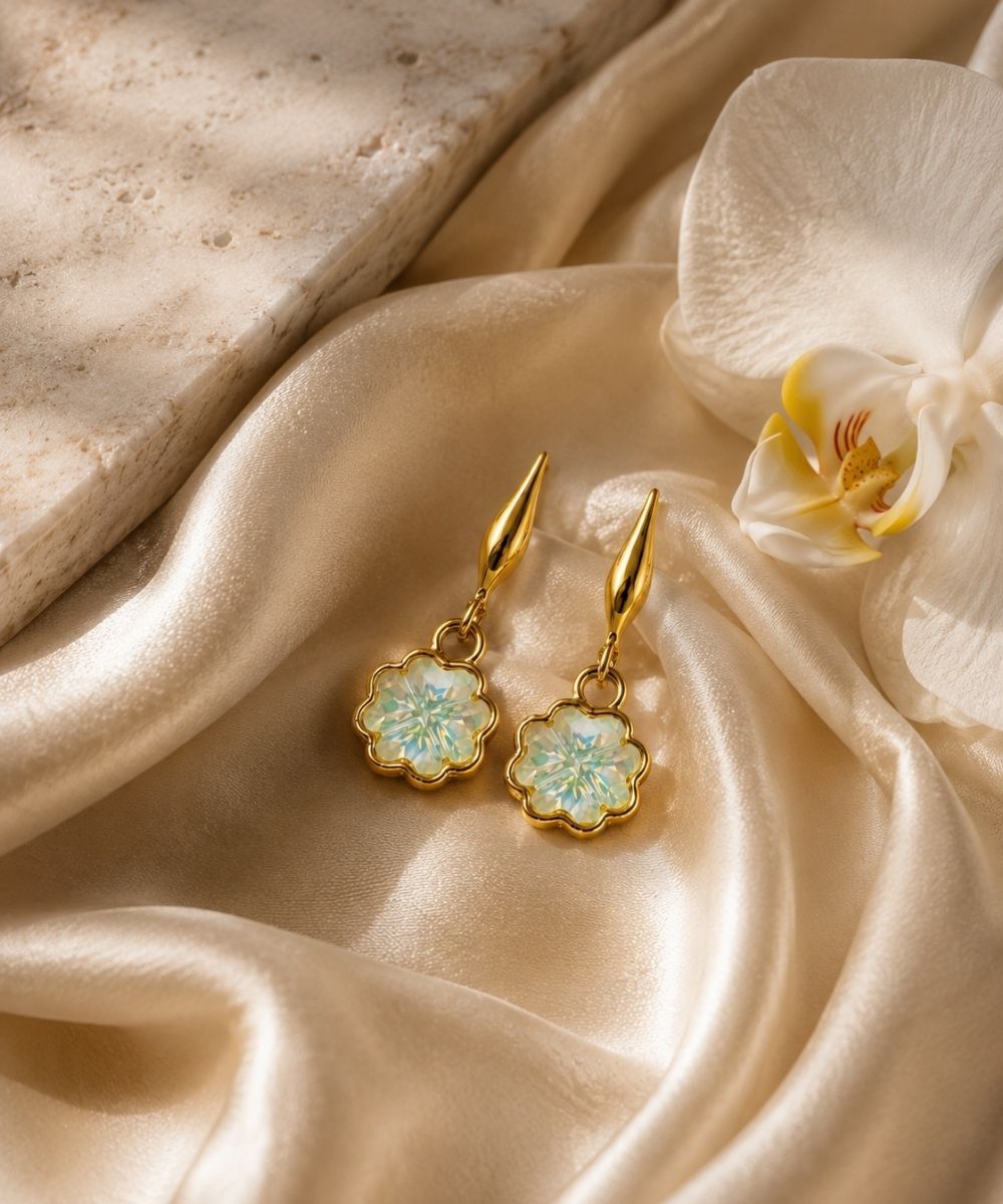 Bloom Gold-Plated Green Cubic Zirconia Floral Drop Earrings
