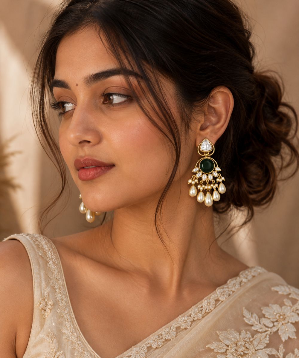 Gold Plated Green Stone Pearl Drop Earrings