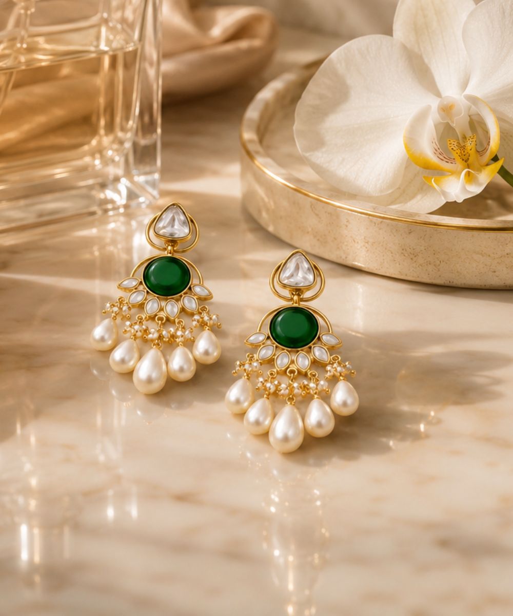 Gold Plated Green Stone Pearl Drop Earrings