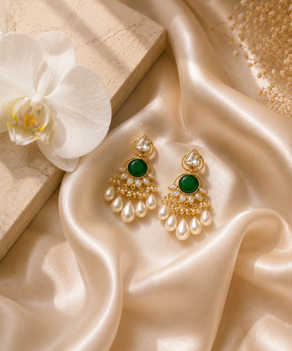Gold Plated Green Stone Pearl Drop Earrings