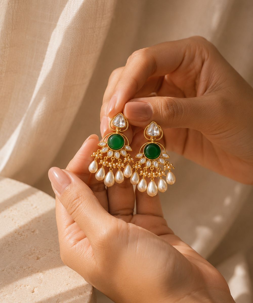 Gold Plated Green Stone Pearl Drop Earrings