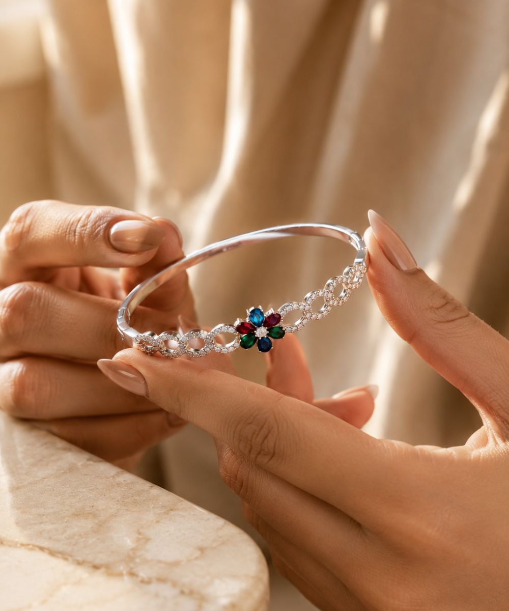 Rhodium Plated Multi Color Cubic Zirconia Floral Bracelet
