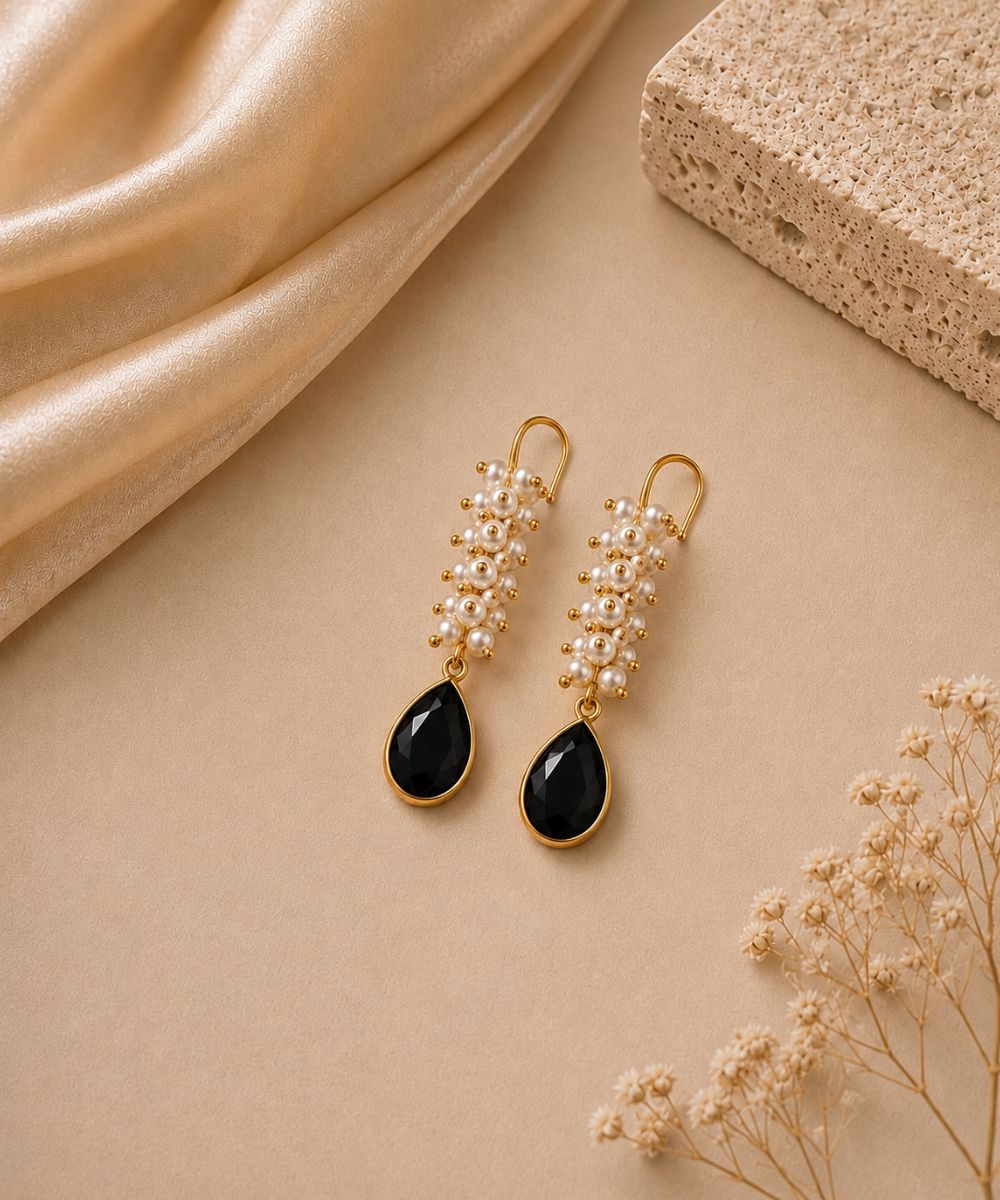 Gold Plated Black Cubic Zirconia Drop Earrings