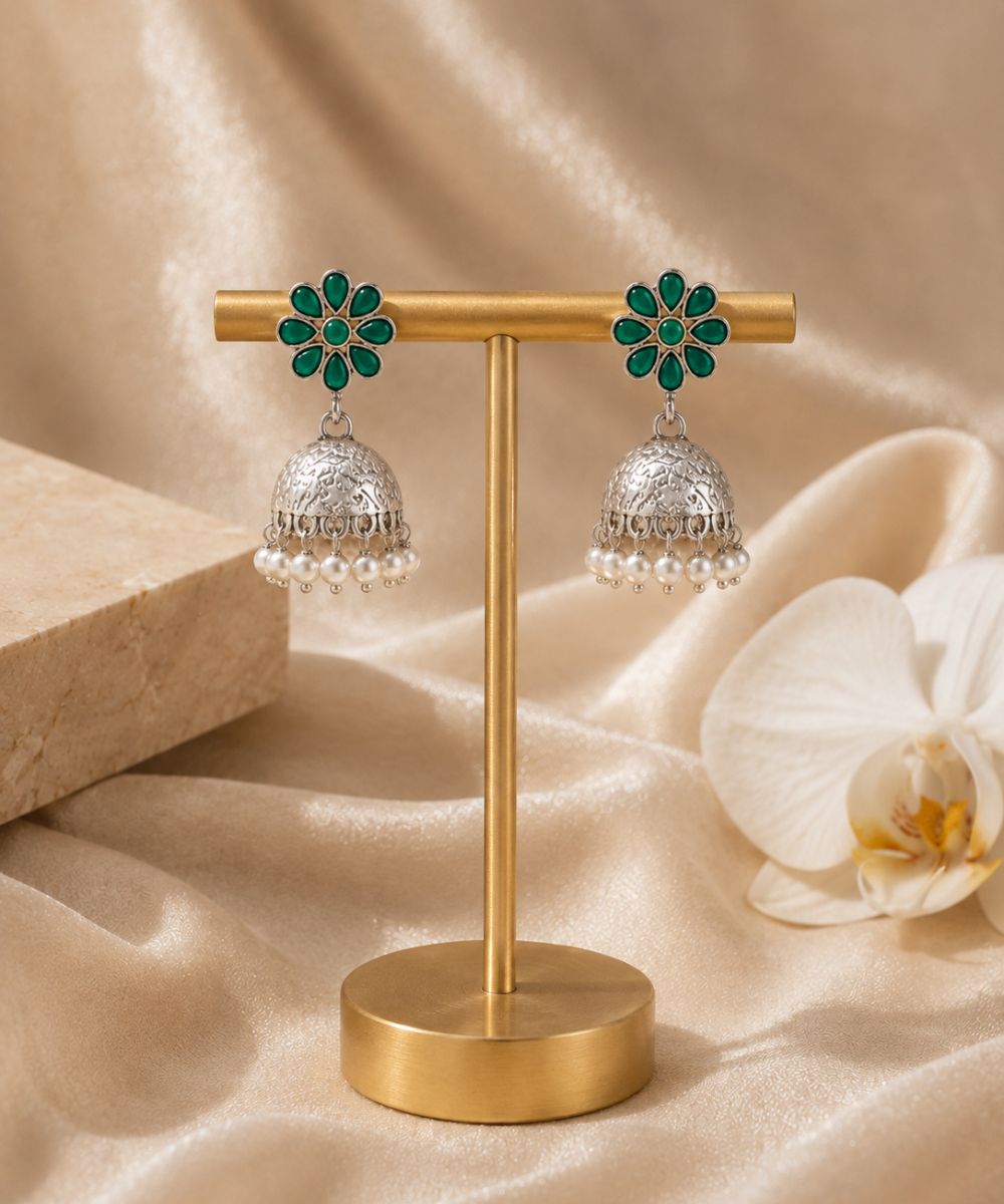 Oxidized Green Stone Jhumki Earrings