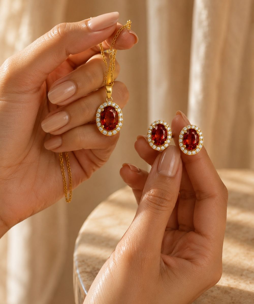 Gold Plated Red Cubic Zirconia Solitaire Halo Pendant & Earrings Set
