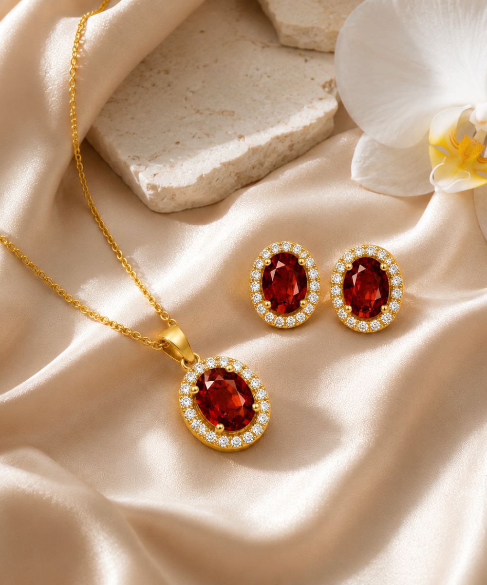 Gold Plated Red Cubic Zirconia Solitaire Halo Pendant & Earrings Set