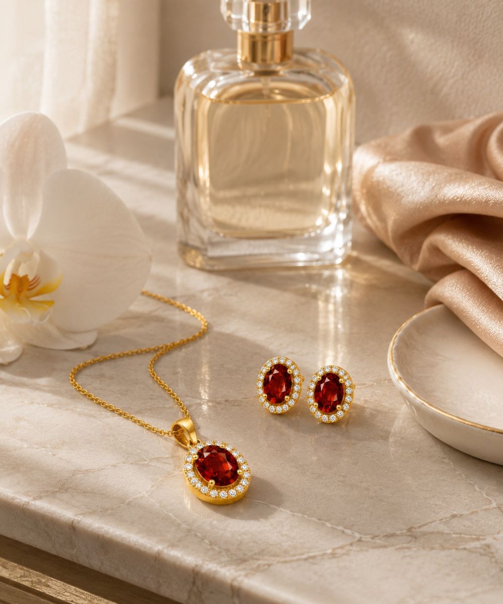 Gold Plated Red Cubic Zirconia Solitaire Halo Pendant & Earrings Set