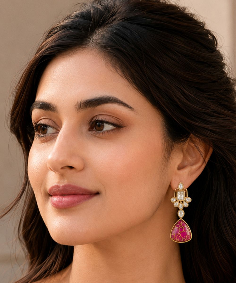 Gold Plated Pink Kundan Drop Earrings