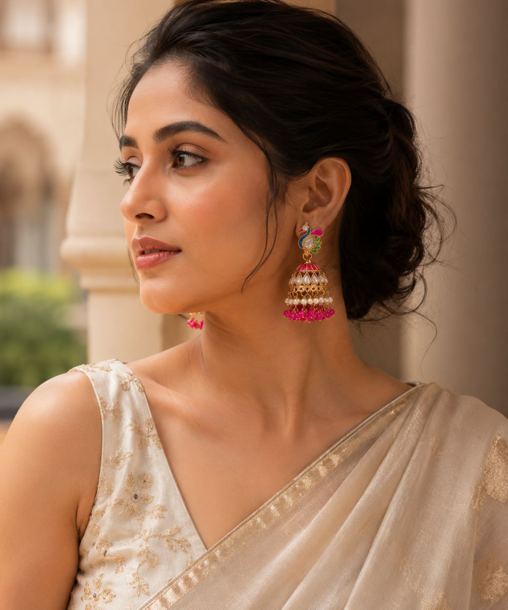 Gold-Plated Peacock Kundan Jhumki Earrings