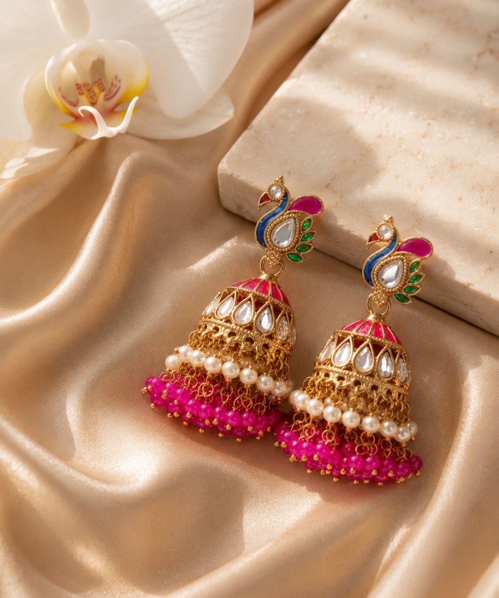 Gold-Plated Peacock Kundan Jhumki Earrings