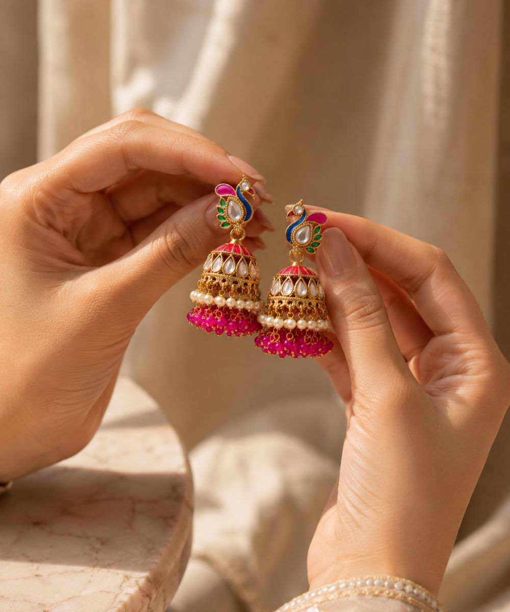 Gold-Plated Peacock Kundan Jhumki Earrings