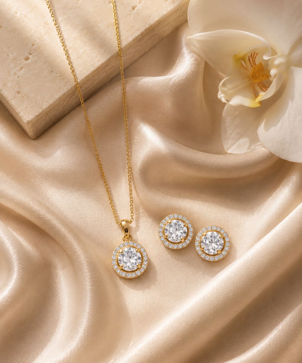 Gold Plated Solitaire Halo Style Pendant & Earrings Set