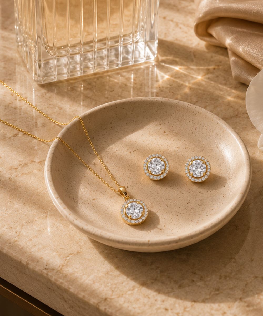 Gold Plated Solitaire Halo Style Pendant & Earrings Set