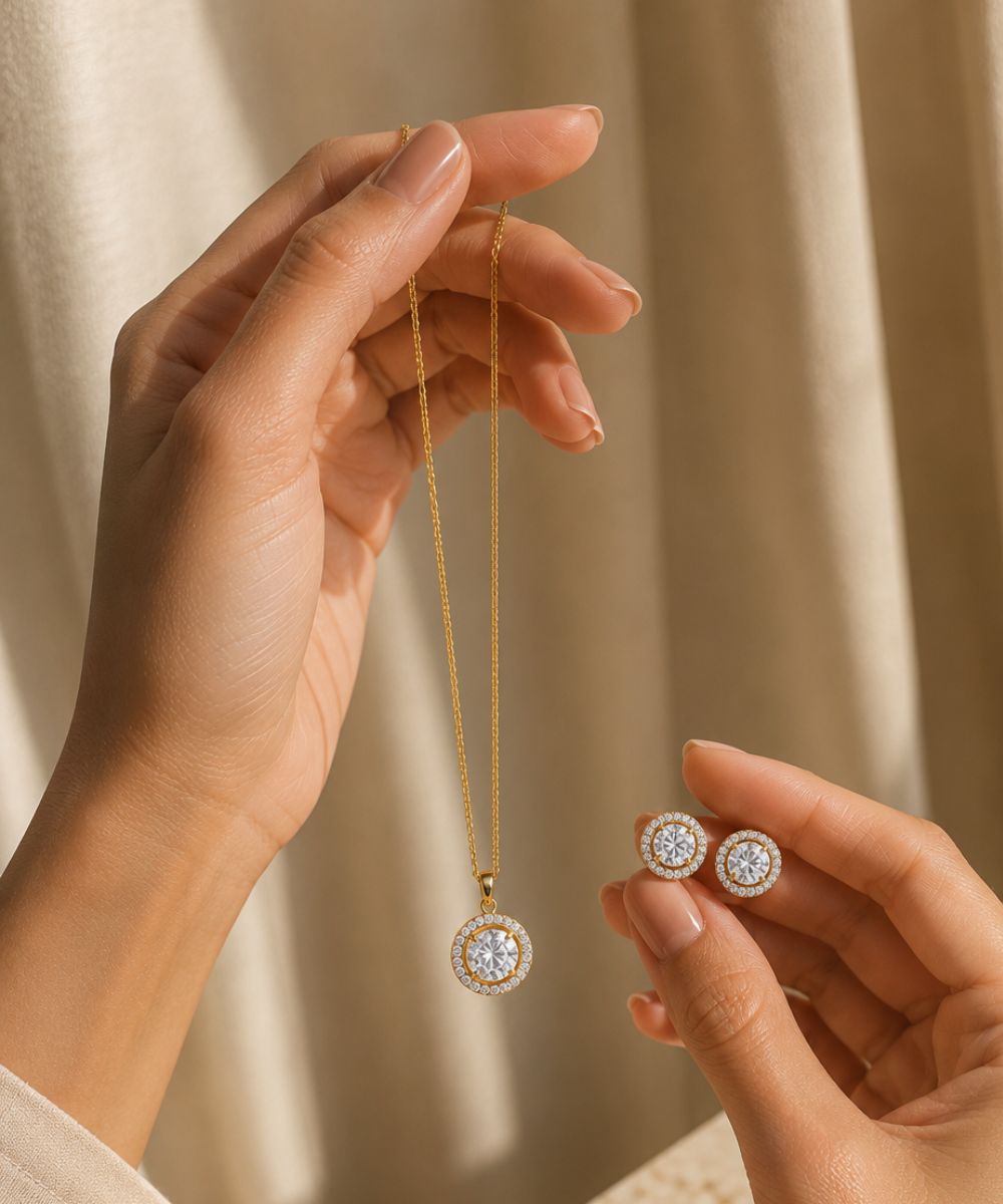 Gold Plated Solitaire Halo Style Pendant & Earrings Set