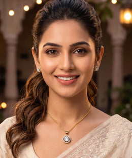 Gold Plated Solitaire Halo Style Pendant & Earrings Set