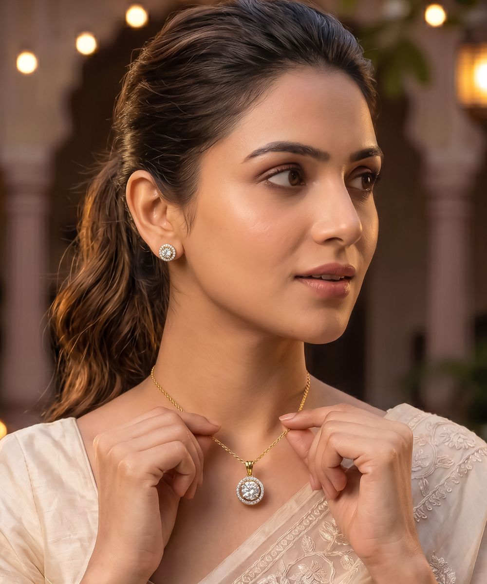 Gold Plated Solitaire Halo Style Pendant & Earrings Set
