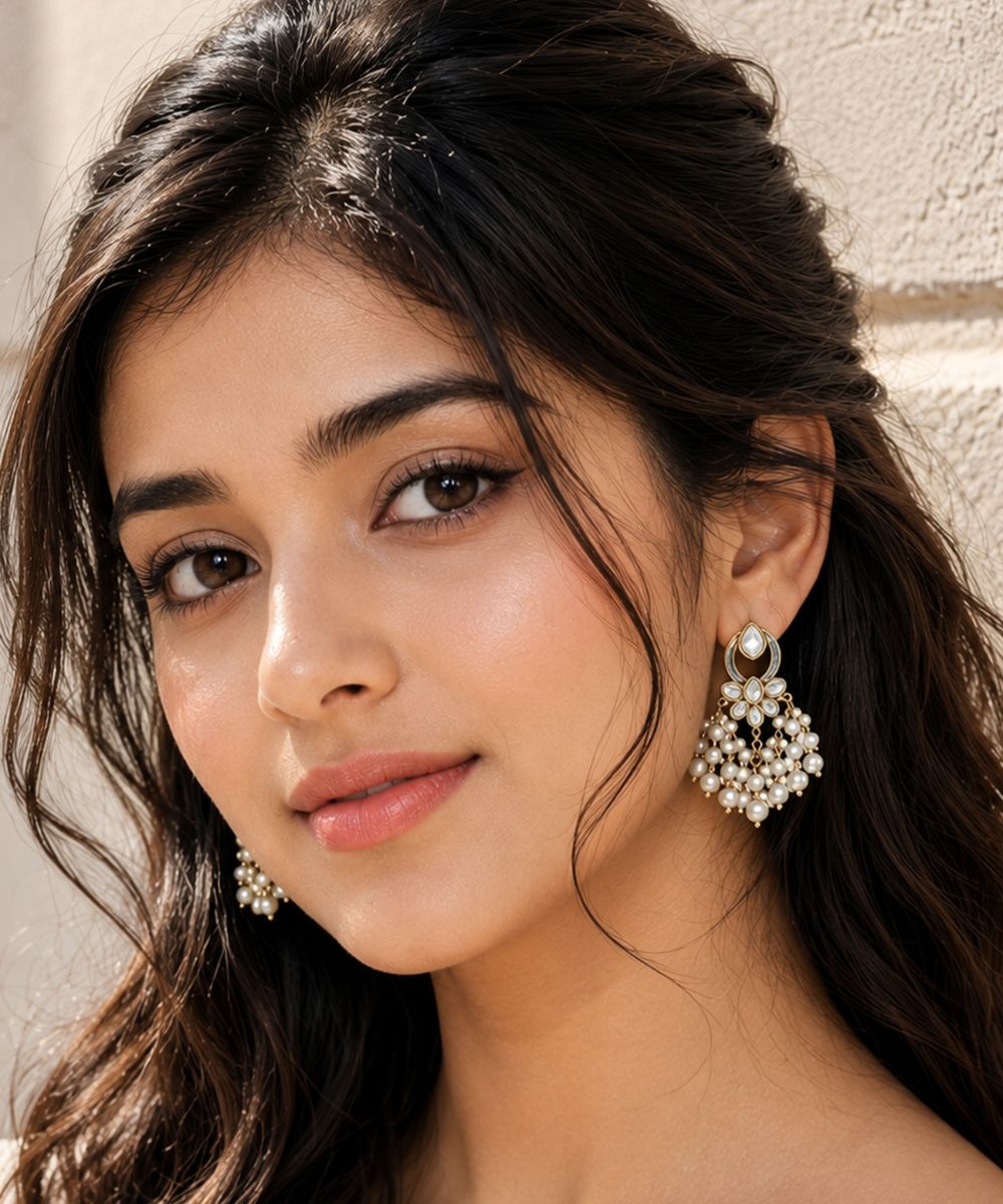 Gold Plated Kundan Pearl Drop Earrings