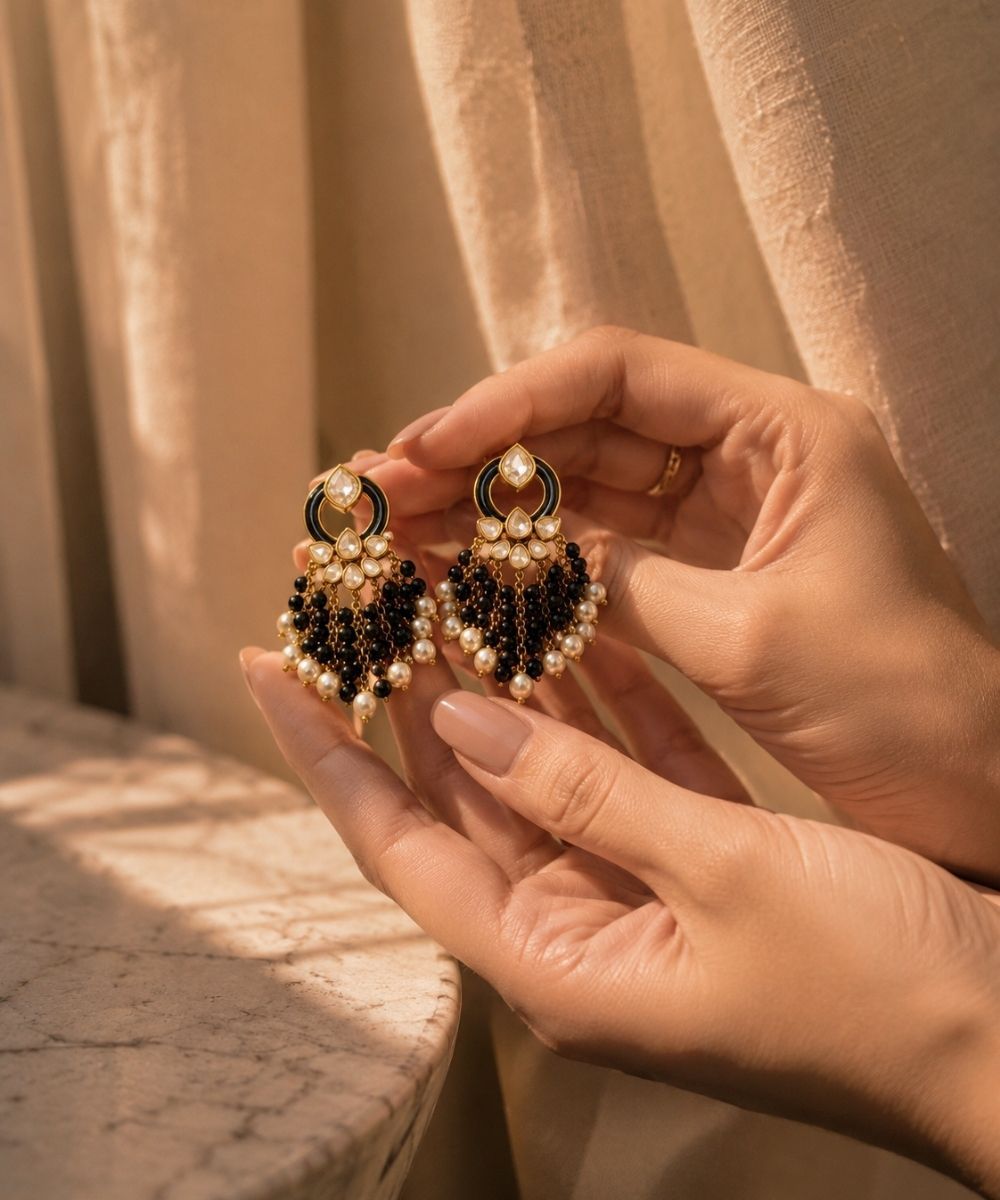 Gold Plated Kundan Pearl Drop Earrings