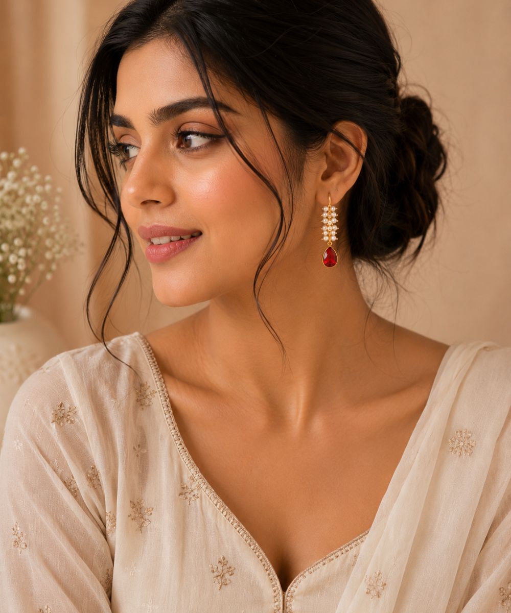 Gold Plated Red Cubic Zirconia Drop Earrings