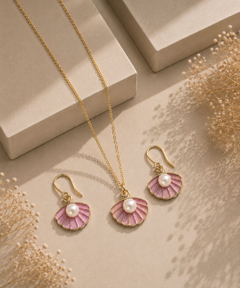 Gold Plated Pink Pearl Pendant Set