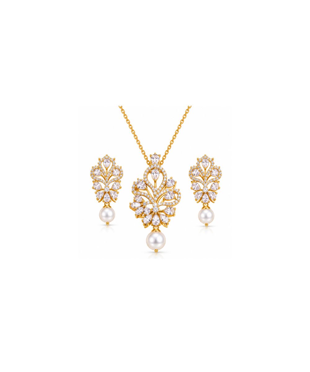 Gold Plated Cubic Zirconia Pearl Pendant Set