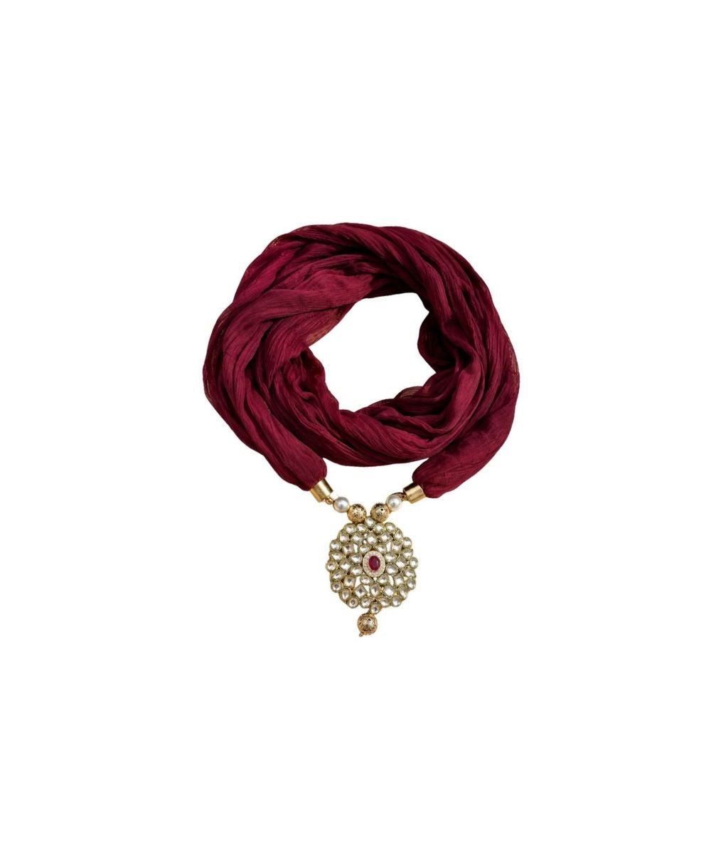 Maroon Georgette Scarf With Kundan Motif
