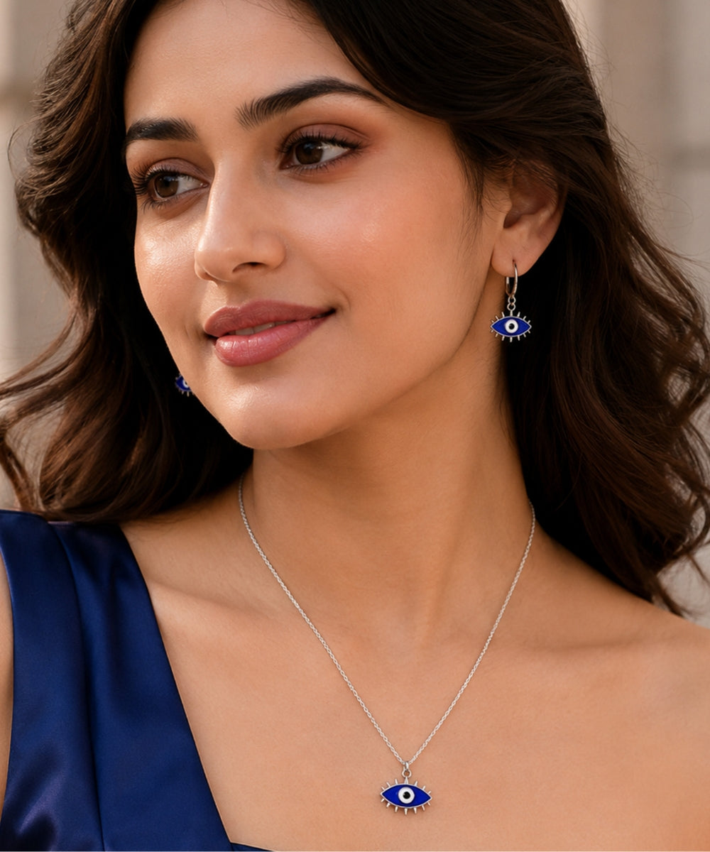 Rhodium-Plated Evil Eye Pendant Set